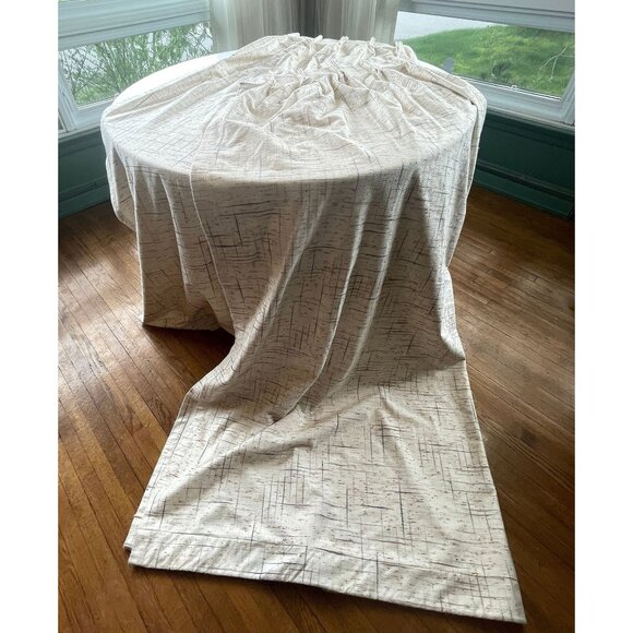 Vintage 1970s pleated curtain, beige brown blue geometric pattern, per panel - Picture 1 of 10